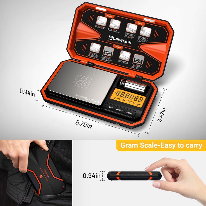 UNIWEIGH Digital Pocket Scale 200g/0.01g, Digital Scale Grams,6 Units Conversion Jewelry Scales,Coins Scale with LCD Display,Tare Function for Food,Powder,Small Items(Battery Included)-Orange - Image 5
